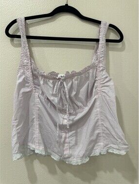 PINK by Frankies Bikinis Pink White Gingham Smocked Ruffle Tie Cami XXL